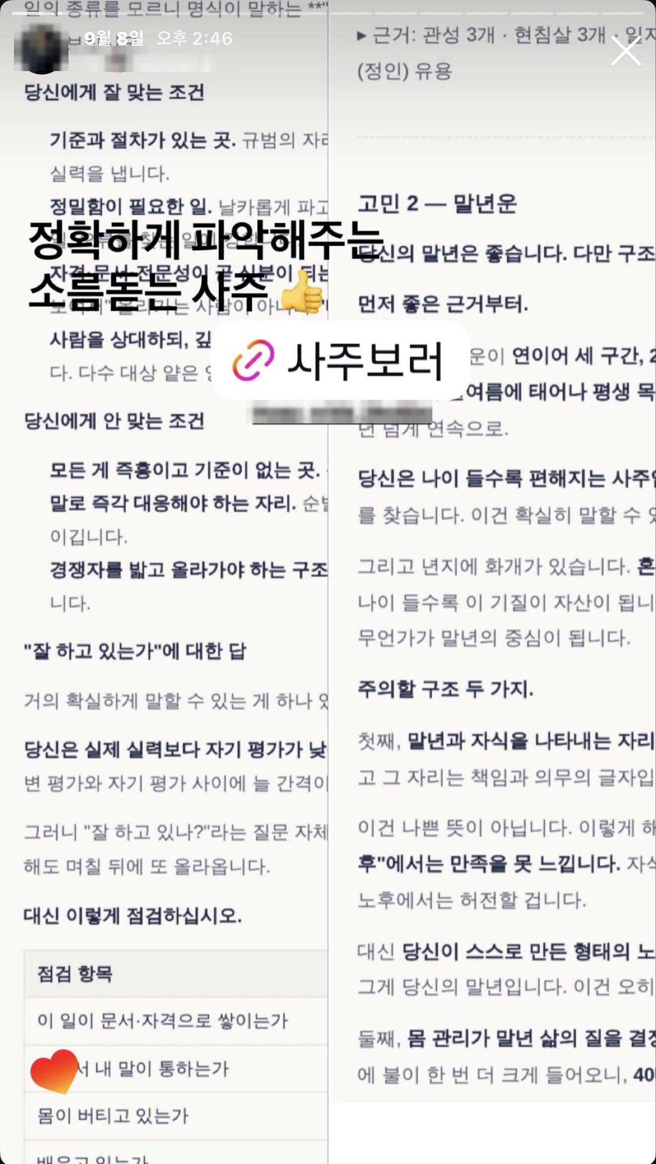 후기 16 — 인스타 스토리 · 프리미엄 리포트 (맞는 조건·말년)